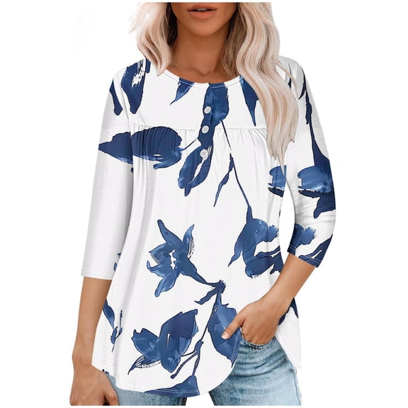 Viikei Long Sleeve Shirts for Women,Women Casual Summer Printed T-shirt Quarter Sleeve Round Neck Ruched Pullover Blouse Tops White S