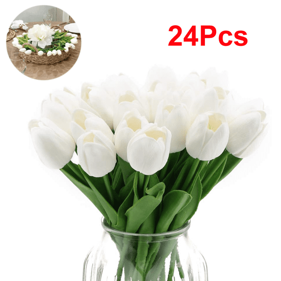24PCS White Tulips Artificial Flowers Tulips Flowers White Fake Tulips Flowers for Home Table Decoration Wedding Bouquet Party Bridal Bouquet Decor