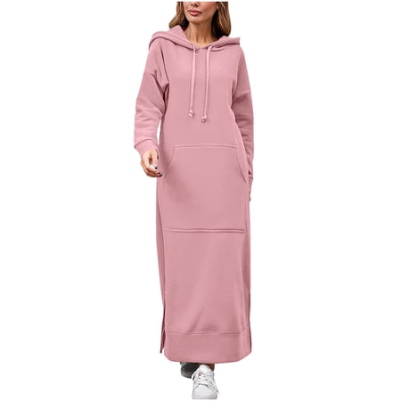 BLTIBY Sweatshirts Dress for Women Hoodie Plus Size Trendy Oversized Drawstring Long Dresses Pullover Side Split Dress with Pockets Pink L