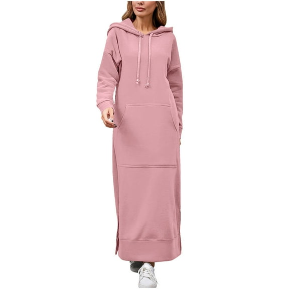 Winter Dresses for Women Solid Drawstring Hooded Long Sleeve Sweatshirt Dress With Pocket Hoodies Casual Dress