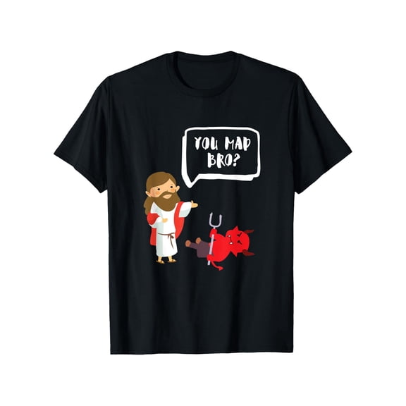 Funny 'You Mad Bro?' Jesus & Devil Graphic T-Shirt - 100% Cotton, Round Neck, Short Sleeve, Casual Streetwear, Sizes S-XXXL, Black with White Print