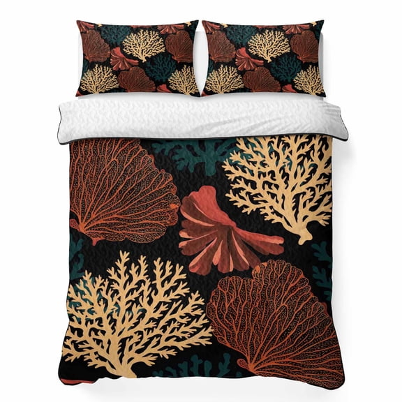 Quilts King Size Bedding Set, Coastal Coral Reef Lightweight Quilted Comforter, Abstract Orange Yellow Corals Undersea Soft Reversible Bedspread Coverlet with Pillow Covers for All Season, 96" x 106"
