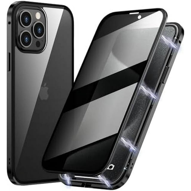 KOMI Magnetic Privacy Case for iPhone 16 Plus, Anti peep Magnetic Adsorption Double Side Tempered Glass Full Body Case Privacy Screen Protector Metal Titanium Frame Clear Back Phone Case Cover Black