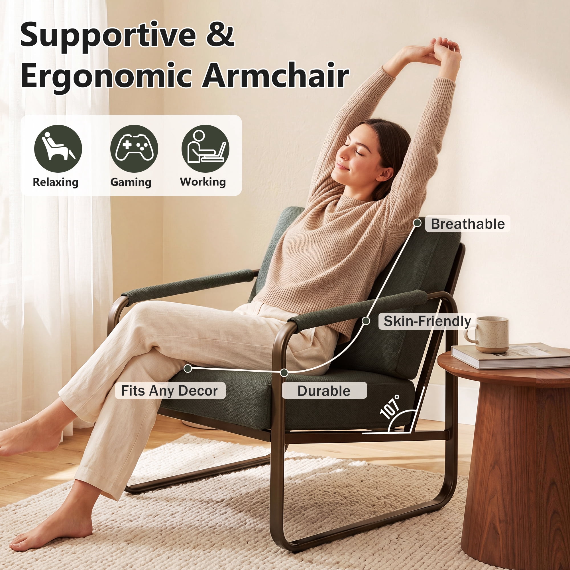Prilinex Mid-Century Accent Chairs Set of 2, Metal Framed Armchair with Wide Cushion & Backrest, Fabric Living Room Chair for Bedroom Waiting Room, Dark Green