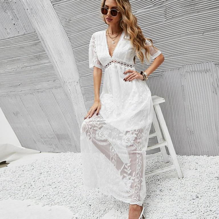 IDOPIP Women's Casual Boho Floral Lace V-Neck Dress Embroidery Cocktail Maxi  Dress Wedding Evening - Walmart.com