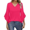 thumbnail image 3 of Women's 3/4 Sleeve V-Neck Blouse - Flared Sleeve Casual Tops with Polyester-Rayon Blend, Business Casual & Beach Vacation Shirts Hot Pink S-2XL, 3 of 6