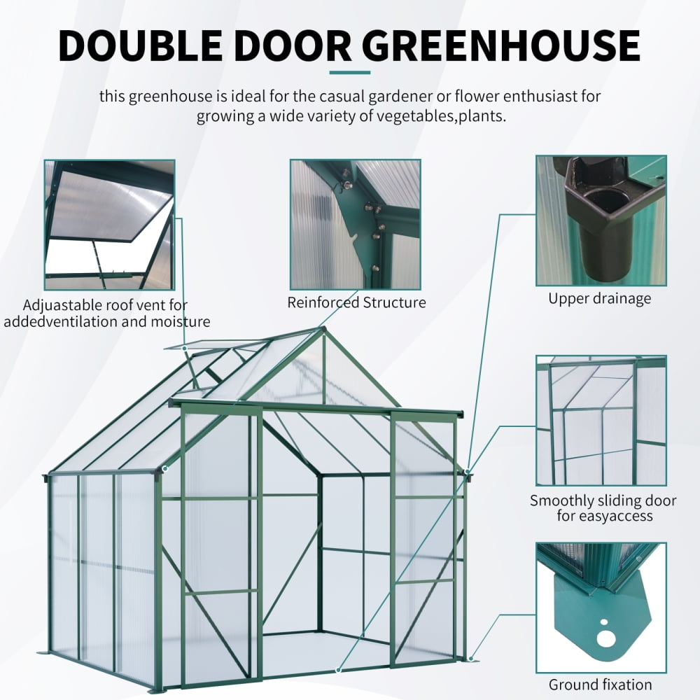 8x6 FT Green Polycarbonate Greenhouse, Double Door Walk-In Design with Anchored Base for All-Season Use