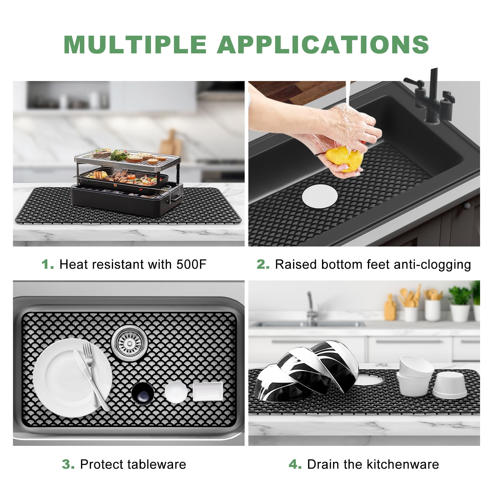 Sink Protectors for Kitchen Sink - Large 28.4"x 15" with Rear Drain Hole Heat Resistant Easy Clean Non-slip Silicone Drying Kitchen Sink Mat for Bottom of Kitchen Sink Stainless Steel(Black)-72x38CM