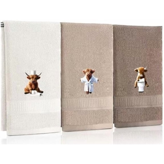 3 Pcs Highland Cow Hand Towels Neutral Embroidered Highland Cow Bathroom Towels 28.3 x 13 inches Farmhouse Rustic Decorative for Kitchen Bathroom Decor