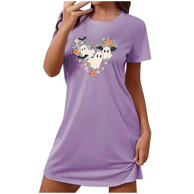 Sakmal Robe de Nuit Douce pour Femmes Grande Taille Halloween Violette Extensible Robe de Nuit à Manches Courtes Col Ras du Cou Courte Imprimé Fantôme Chemises de Nuit P-2TG