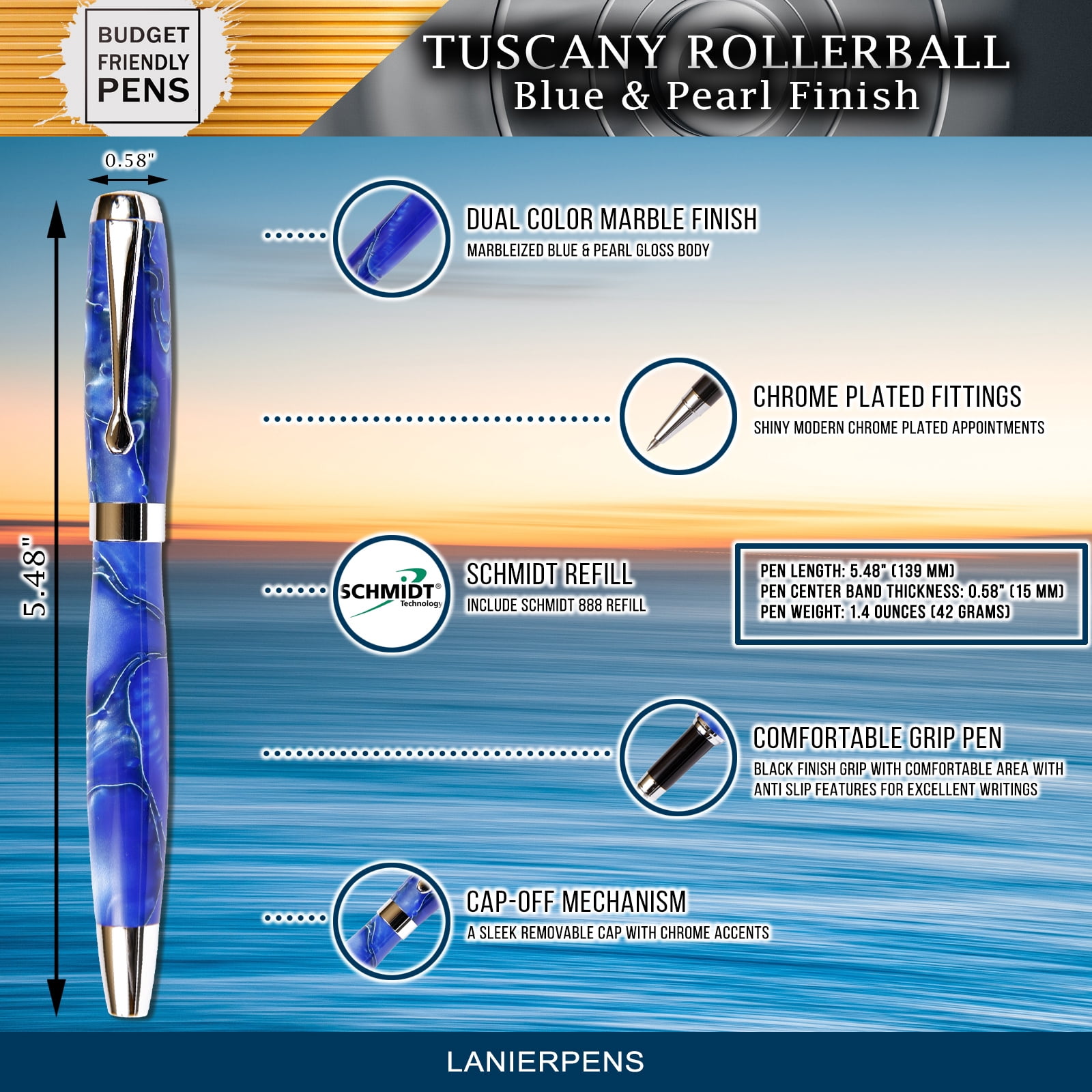Blue & Pearl Marbleized Gloss Body, Tuscany Rollerball Pen (Black Ink, Medium Tip 0.7 MM)