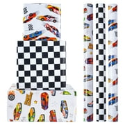 ZINTBIAL Race Car PresNok Wrapping Rolls - Birthday Wrapping for Kids Boys Autodrome Set Perfect for Party, Celebrating, Baby Boy Present Packing- 3 Rolls - 17 Inch X 120 Inch Per Roll