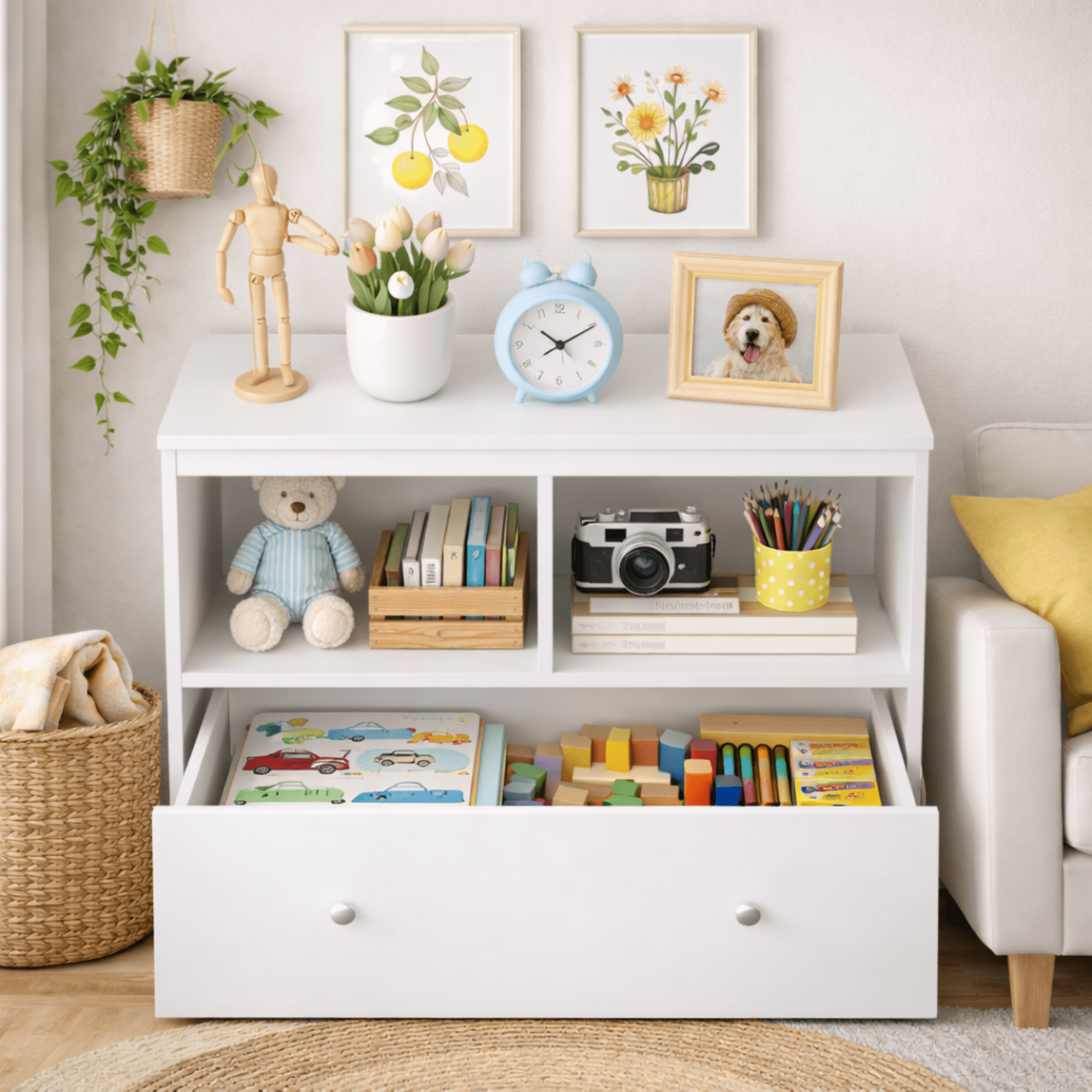Wooden Kids Toy Storage Organizer, Low Bookshelf Cabinet with Large Drawer, P2 MDF Storage Unit with Anti-Tip Kit, Rounded Edge Design for Nursery Playroom Bedroom