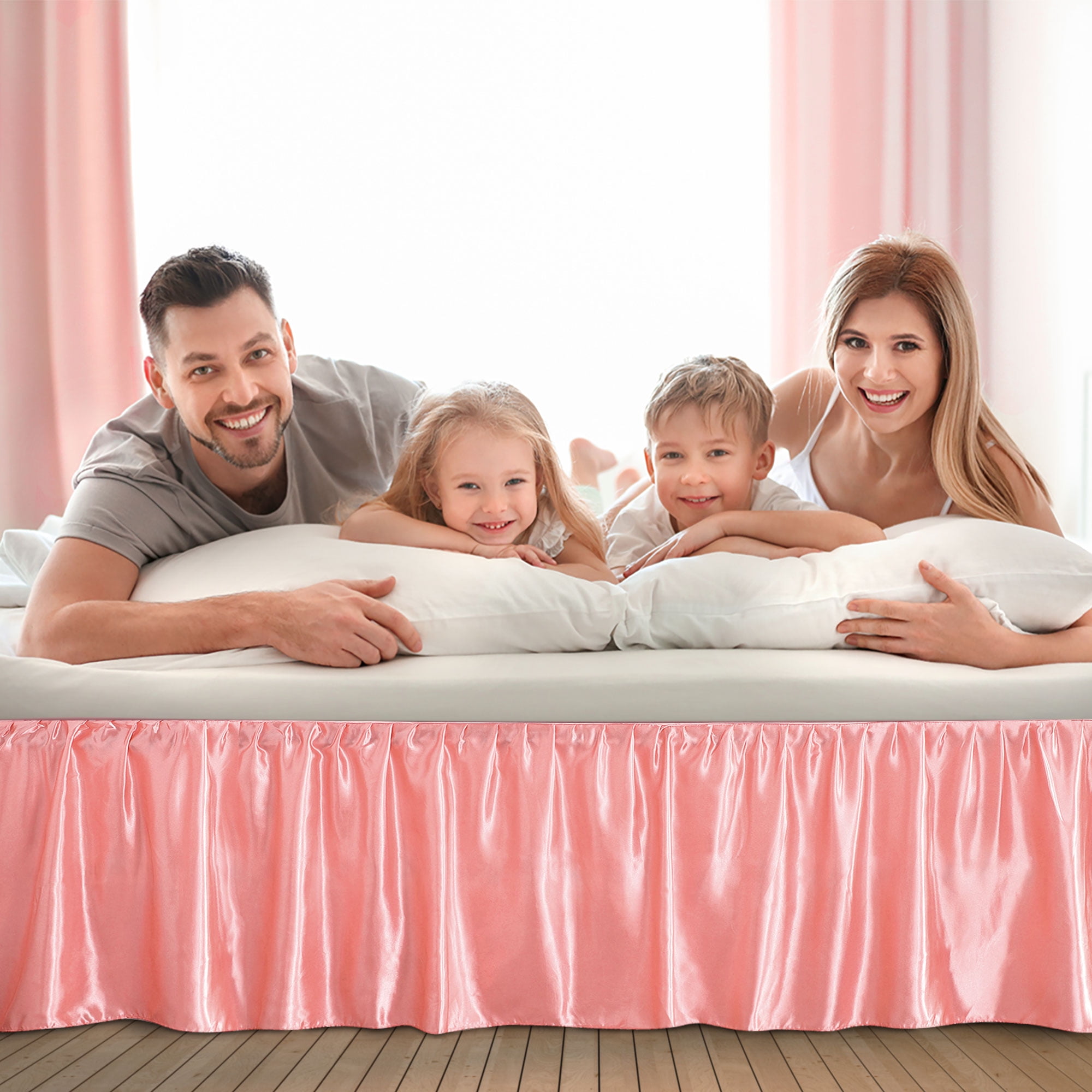 Unique Bargains Dust Ruffle Wrinkle Free Bed Skirt Coral Pink King - 18" Drop