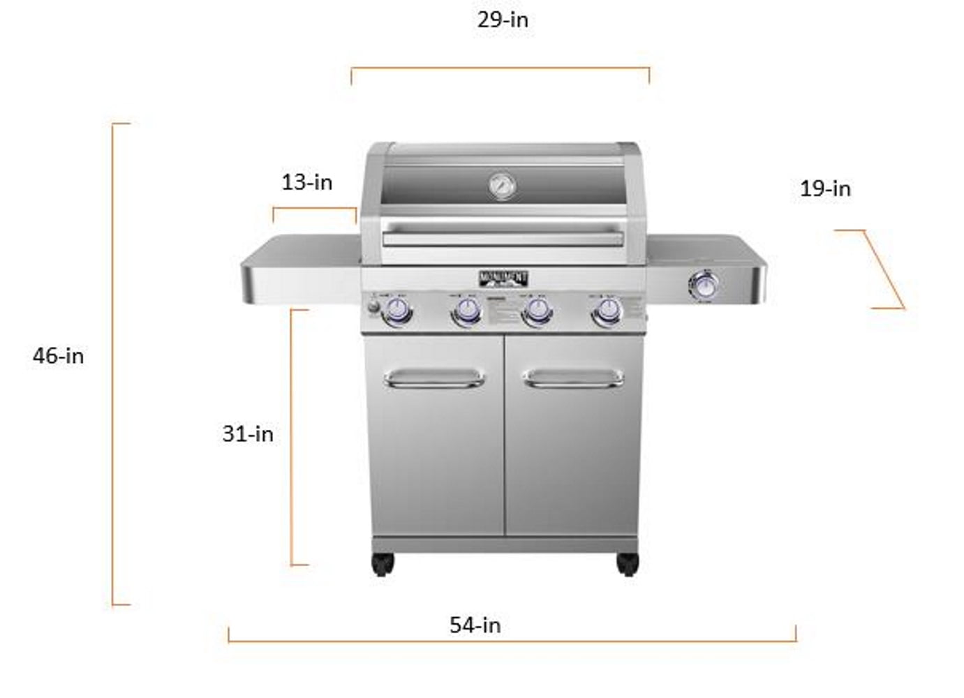 Monument Grills 4-Burner Natural Gas Grill in Stainless with Clear View Lid, LED Controls, Conversion Kit, and Side Burner