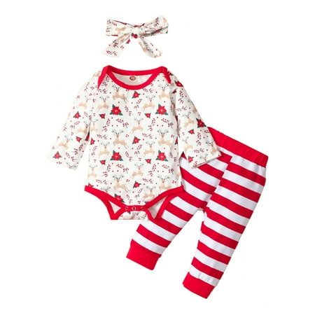 

Sunisery Christmas Infant Baby Girls Clothes Set Deer Floral Print Romper Striped Pants Headband Xmas Outfit Red 0-6 Months