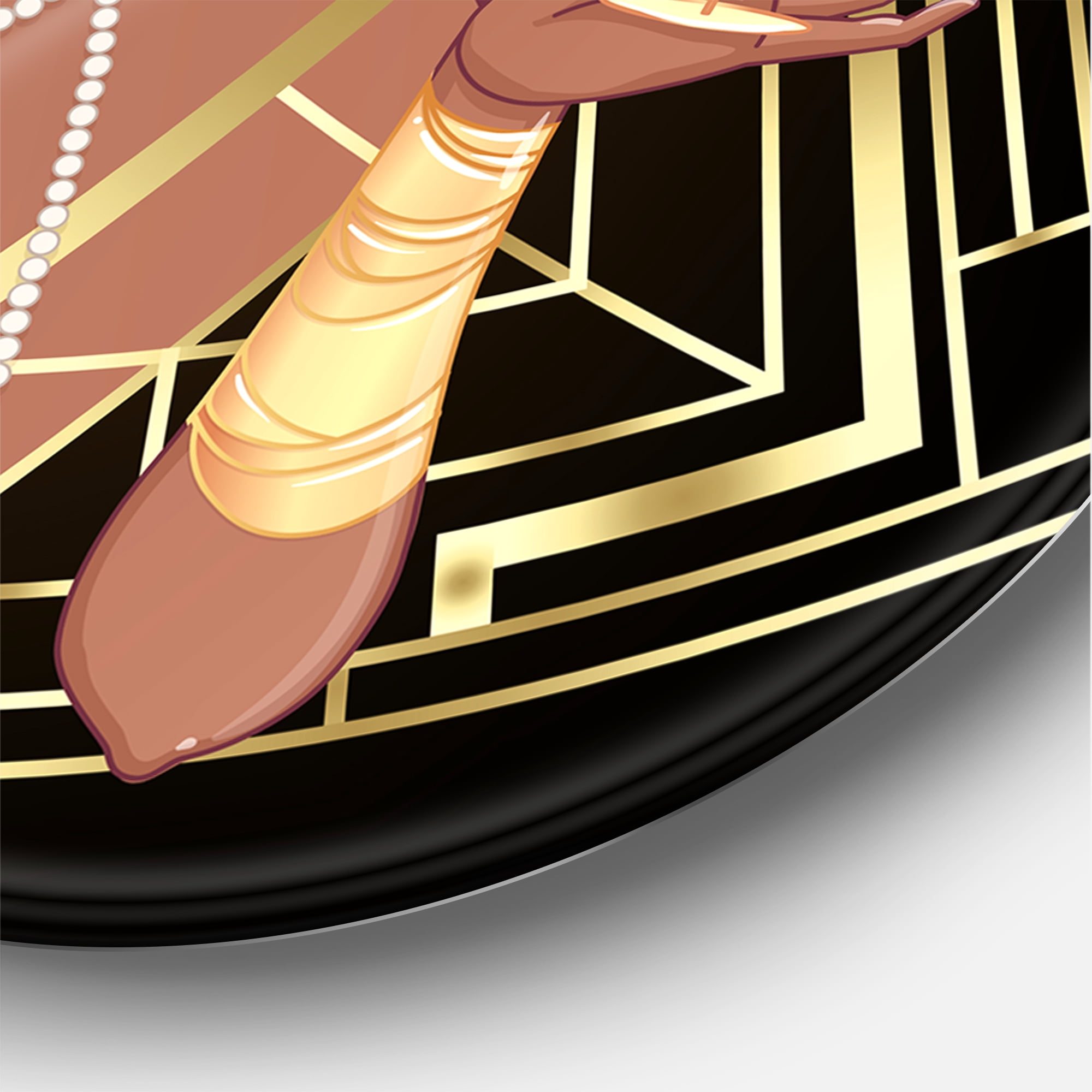 Designart 'Retro Girl In Golden Art Deco Geometrics I' Modern Circle Metal Wall Art 23x23 - Disc of 23