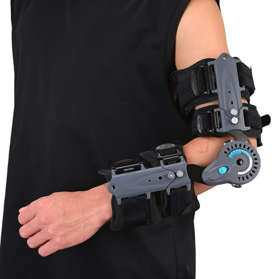Komzer Hinged Elbow Brace ROM Elbow Brace Support with Strap Sling Adjustable Post Op Elbow Stabilizer Splint Arm Injury Recovery Support After Surgery (Left)