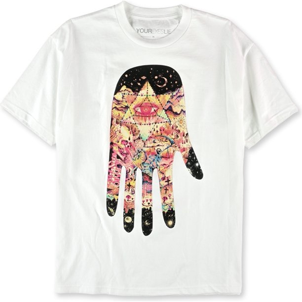 YourEyesLie - Camiseta gráfica para hombre al revés Hamsa, color blanco, extragrande YourEyesLie Camiseta gráfica