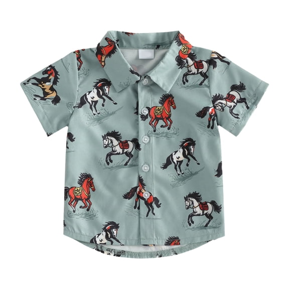 Zaveiop Toddler Baby Boys Western Cowboy Outfits Shirts Short Sleeve Horse/Boots Print Button Down Shirts Cute Summer Shirt Tops Clothes (18-24 Months, Blue)