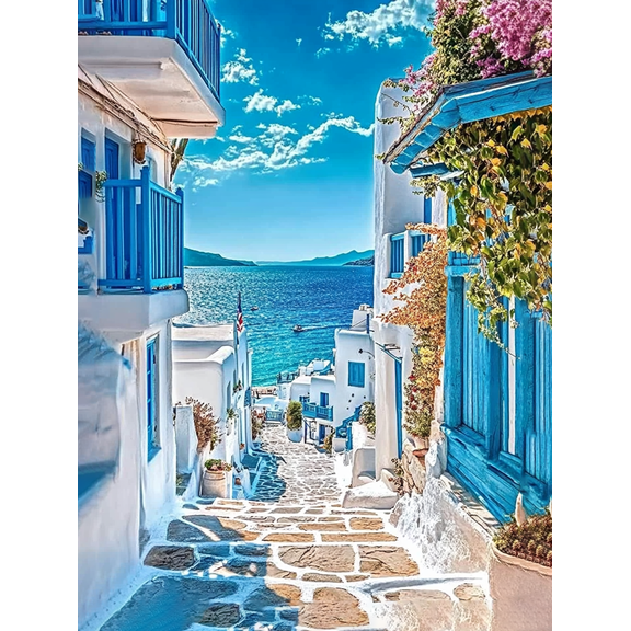 Mediterranean Coastal Town Canvas Print/Wall Art，Suitable for Living Room，Bedroom，Kitchen，Bathroom，Office Decoration