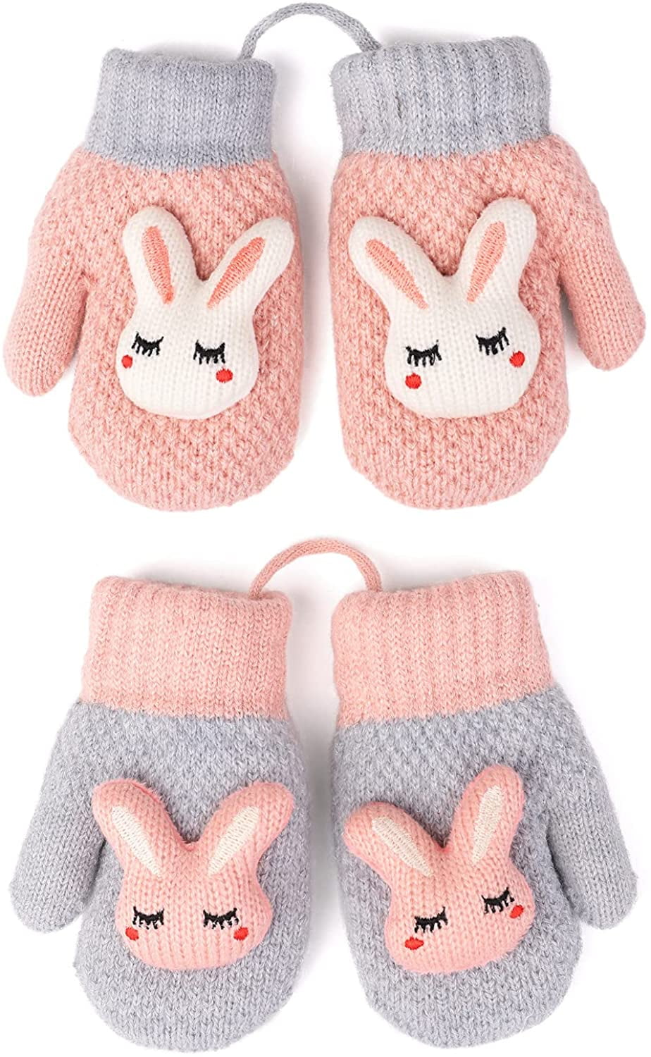 Boys Girls Knit Gloves Winter Plush-lined Cartoon Mittens Gloves with String