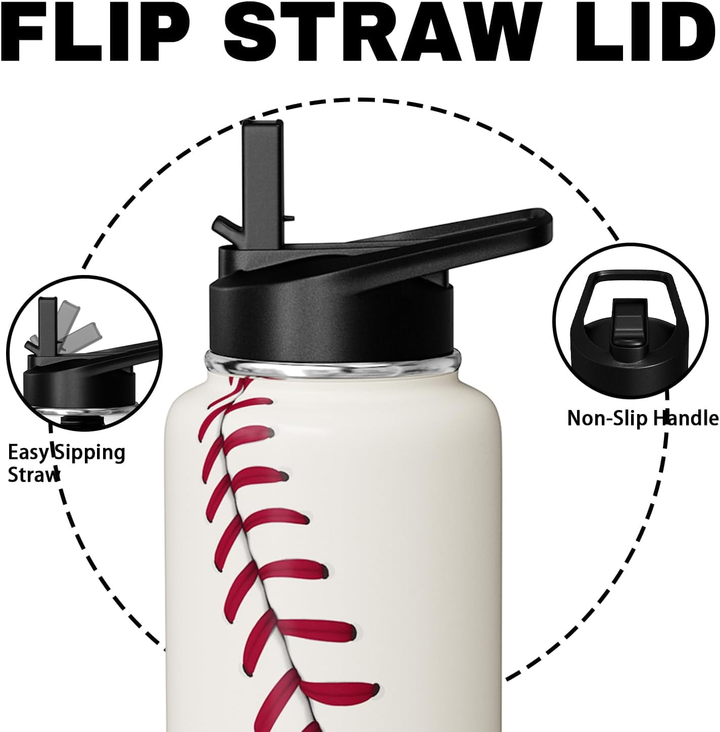 40oz Baseball Insulated Water Bottle - Double Wall Vacuum Stainless Steel Sports Drinkware, Gift for Baseball Players, Fans, Coaches - Men, Women, Boys, Girls