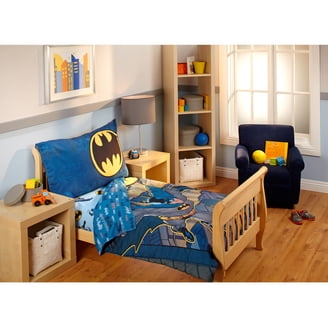 Warner Brothers Justice League - Juego de ropa de cama infantil de 4 piezas, color azul, rojo, amarillo potente junto con Batman, Superman, The Flash, Green Lantern y Cyborg