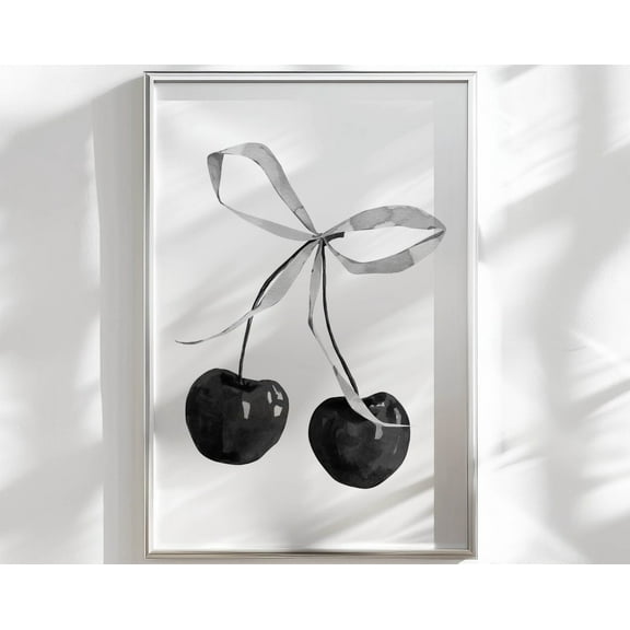 Cherry And Bow Wall Art Dorm Room Decor, Black And White Art Trendy Wall Print College Apartment Wall Decor, Girly Wall Art Funky Home Decor Wall Art, Modern Wall Decor, 16x24 UNFRAMED