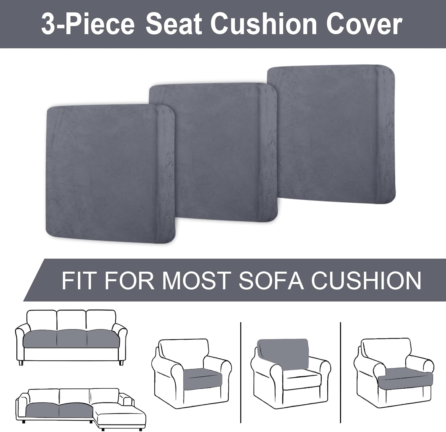 Couch Covers, 3 Pieces Couch Cushion Cover Velvet, Seat Cushion Cover, Stretch Sofa Covers, Separate Sectional Sofa Slipcovers, Furniture Protector(3-Seater or Backrest, Dark Grey)