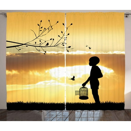 Nature Curtains 2 Panels Set Little Child Silhouette With A Bird