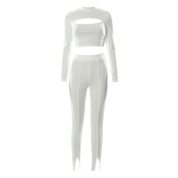 Xingqing Womens Sexy Tight Pants Set Long Sleeve Turtleneck Crop Tops and High Waist Pants White S