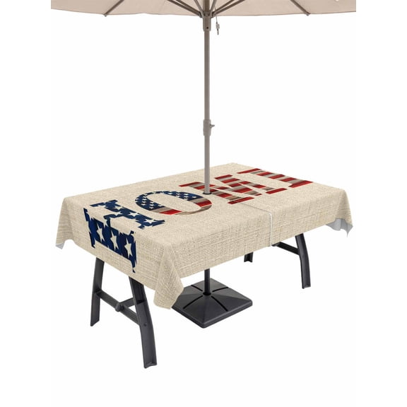 Outdoor Tablecloth with Umbrella Hole for Patio/Picnic/Party/Camping, Khaki Vintage Waterproof Table Cloth Rectangle Table Cover Washable, American Flag Retro Art Rustic (60"x 84")