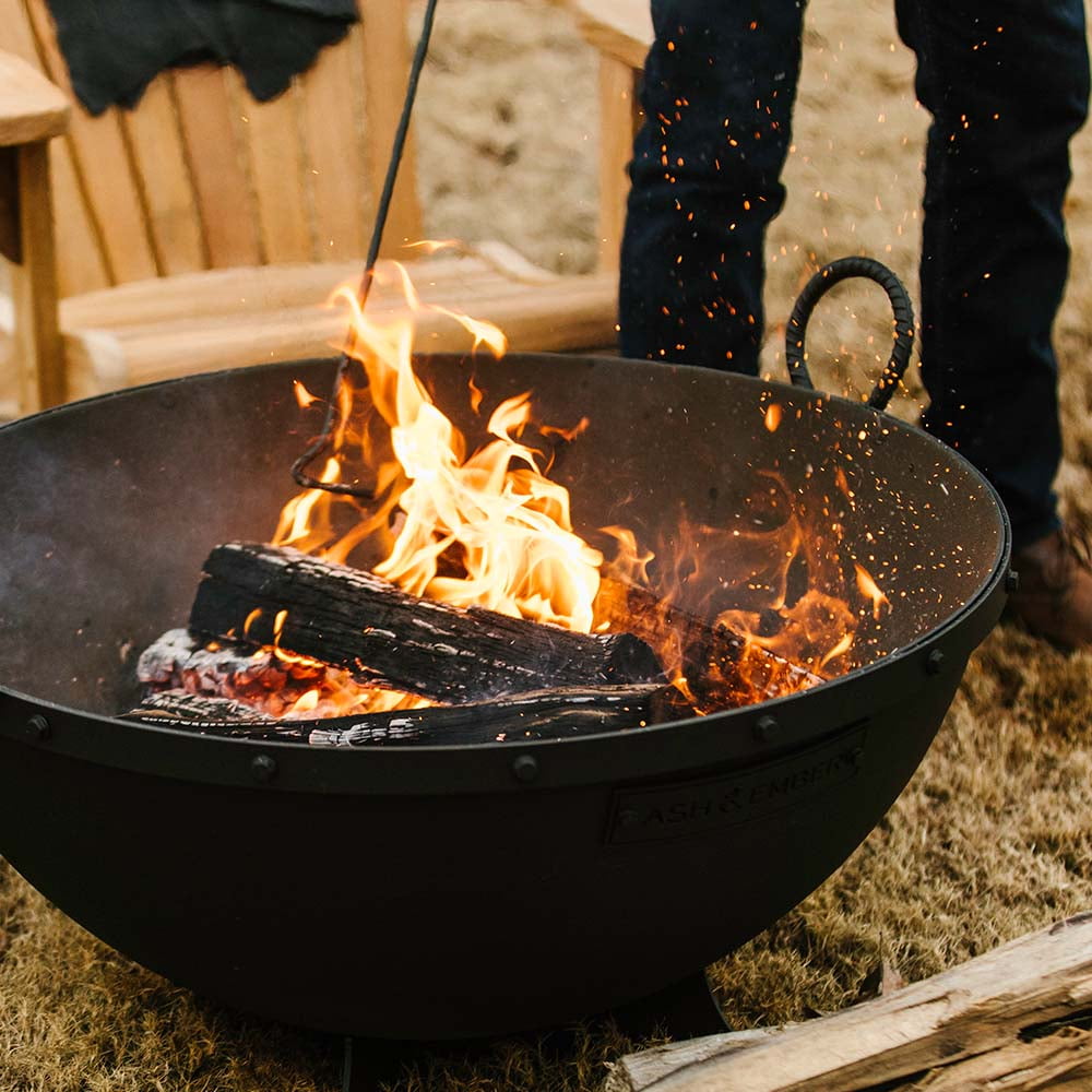 Ash & Ember 32" Hemisphere Fire Pit with Screen and Poker, Cast Iron High-Temperature Black Paint Fire Bowl, Wood Burning Backyard Fireplace, Portable Outdoor Firepit