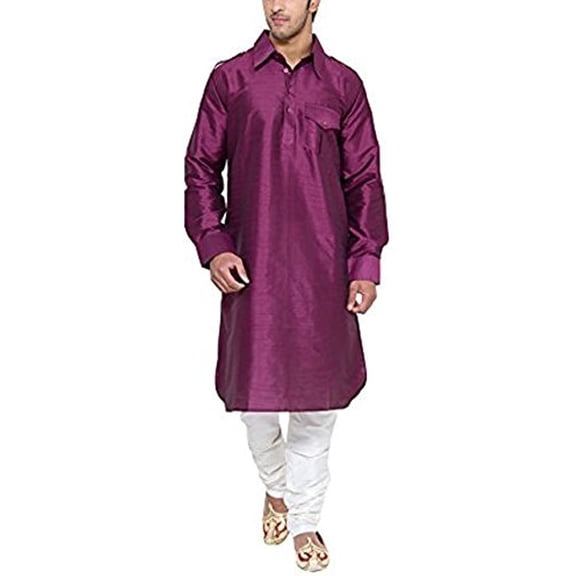Royal Men's Pathani Silk Blend Kurta & Churidaar Set Purple