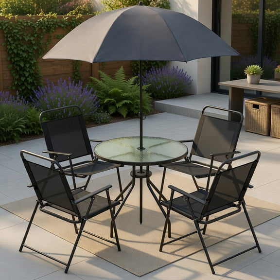 Resenkos 6 Pieces Patio Dining Set with Umbrella and Stackable Cushioned Chairs, Outdoor Dining Chair for Outside Patio, All Weather, Porch, Garden, Poolside