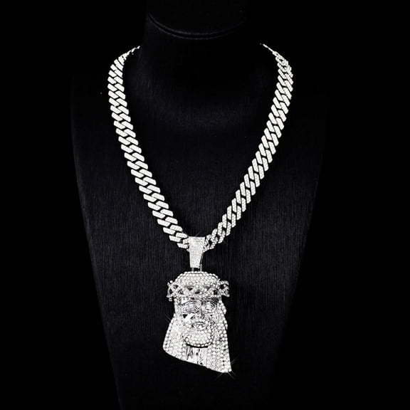 Iced Out Jesus Pendant Necklace with Cuban Link Chain – 23”