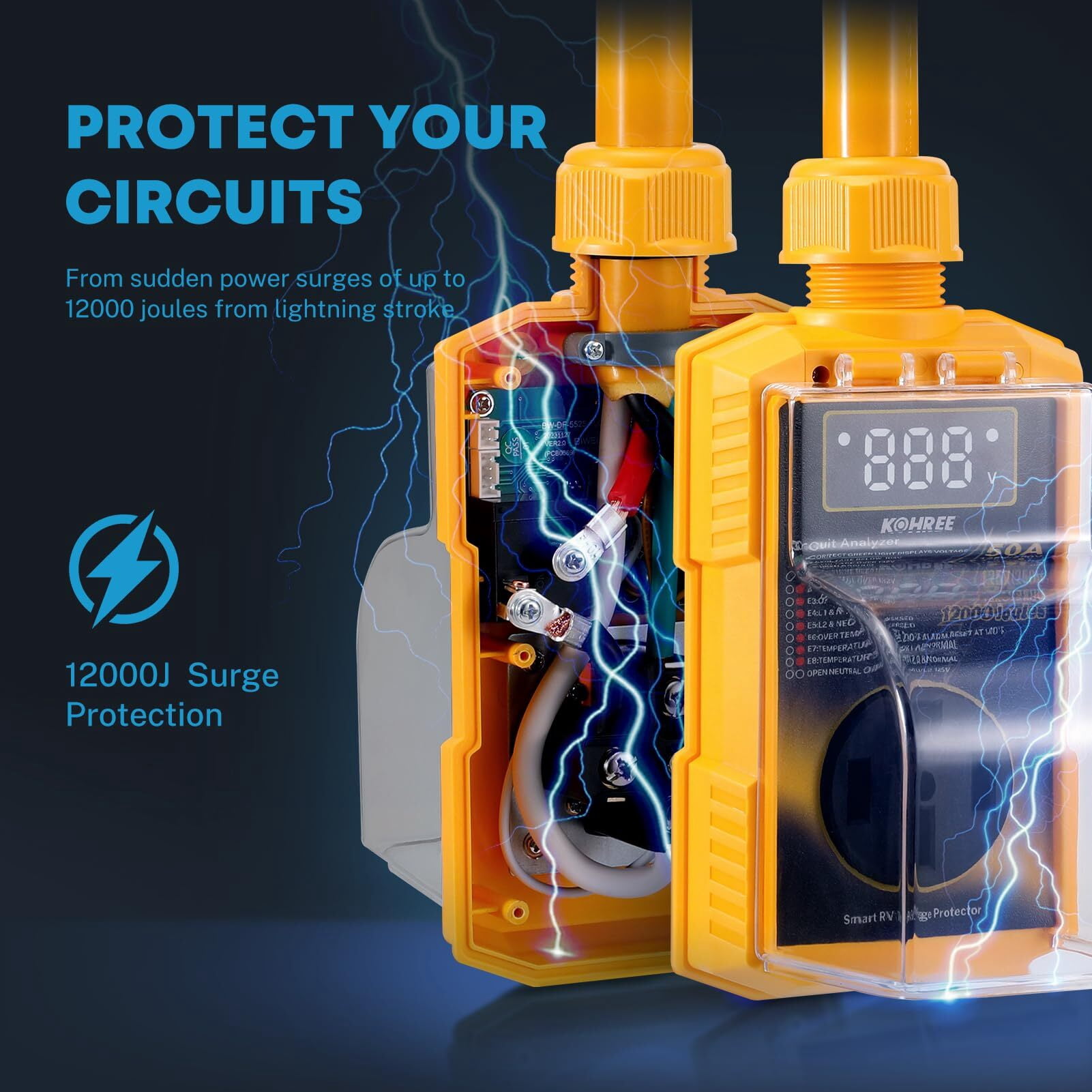 Kohree RV Surge Protector 50 Amp 12000 Joules with High/Low Voltage Protection,with LED Display Waterproof ,Auto Shut Off for Camper,Travel Trailers