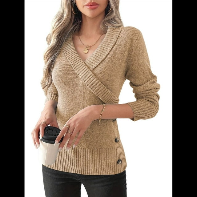 Suéteres de Larga con Cuello en V para Mujer, Suéteres Cruzados y Fruncidos, Blusas de Otoño Caqui S