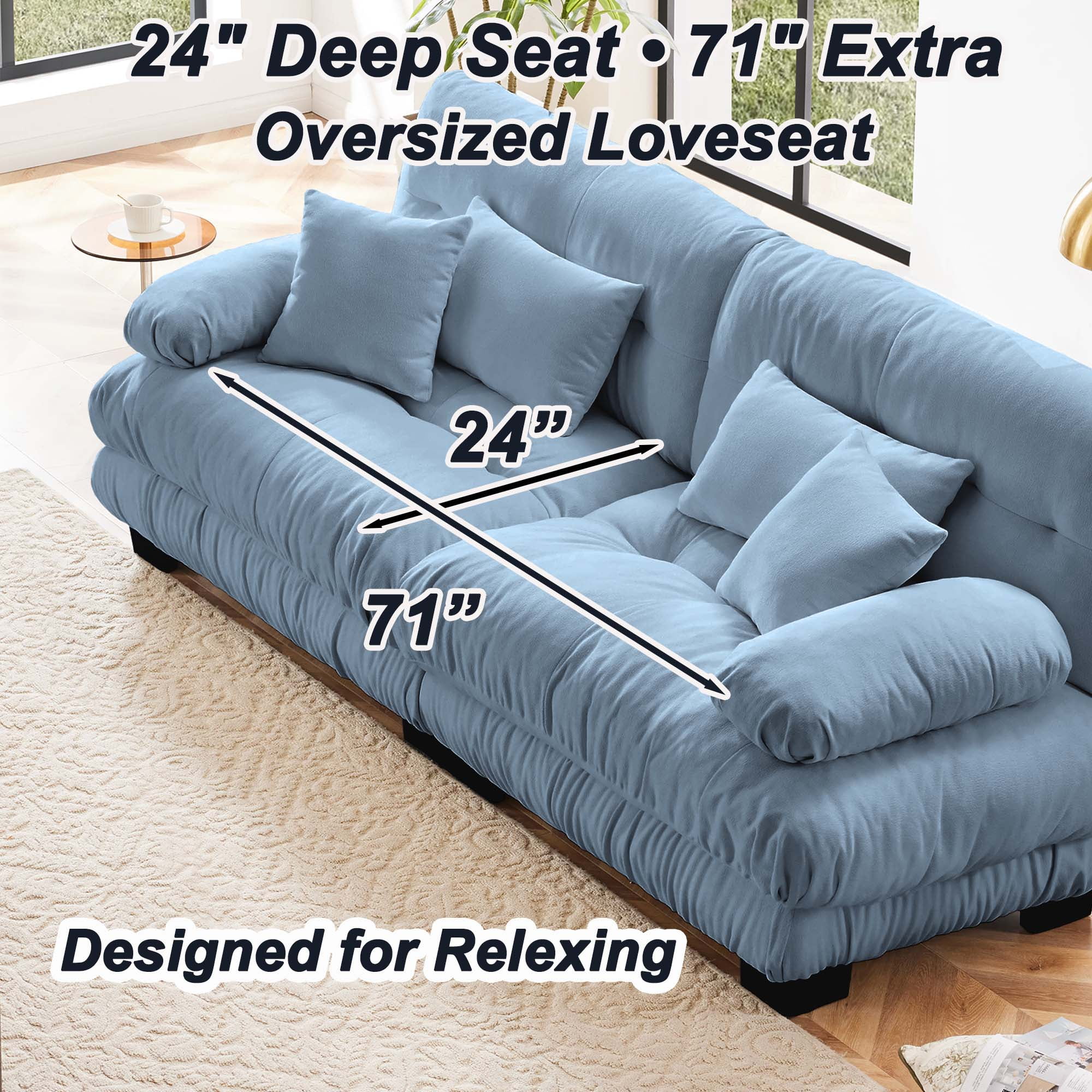 94.4" Cloud Chenille Loveseat Sofa, Oversized Deep Seat 2 Seater Couch for Living Room with Pillows, Blue