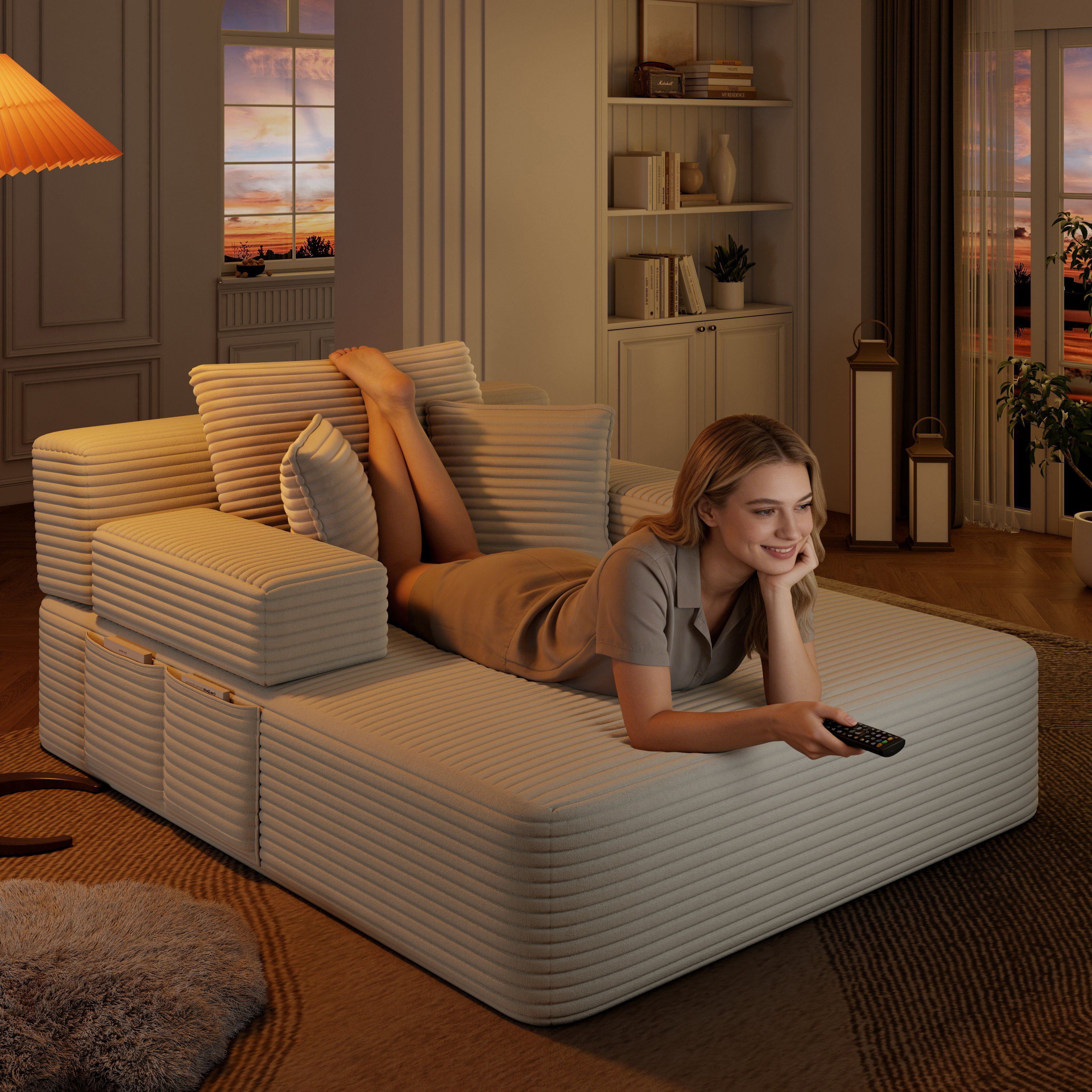 Alvantor Oversized Corduroy Convertible Chaise Lounge Sofa Bed, Beige