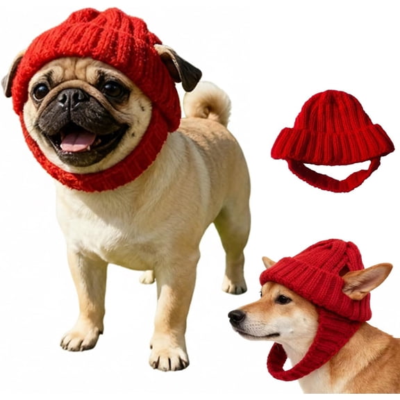 Red Knit Dog Beanie with Ear Flaps, Soft Knitted Snood Warm Winter Hat with Ear Holes for Small Medium Dogs