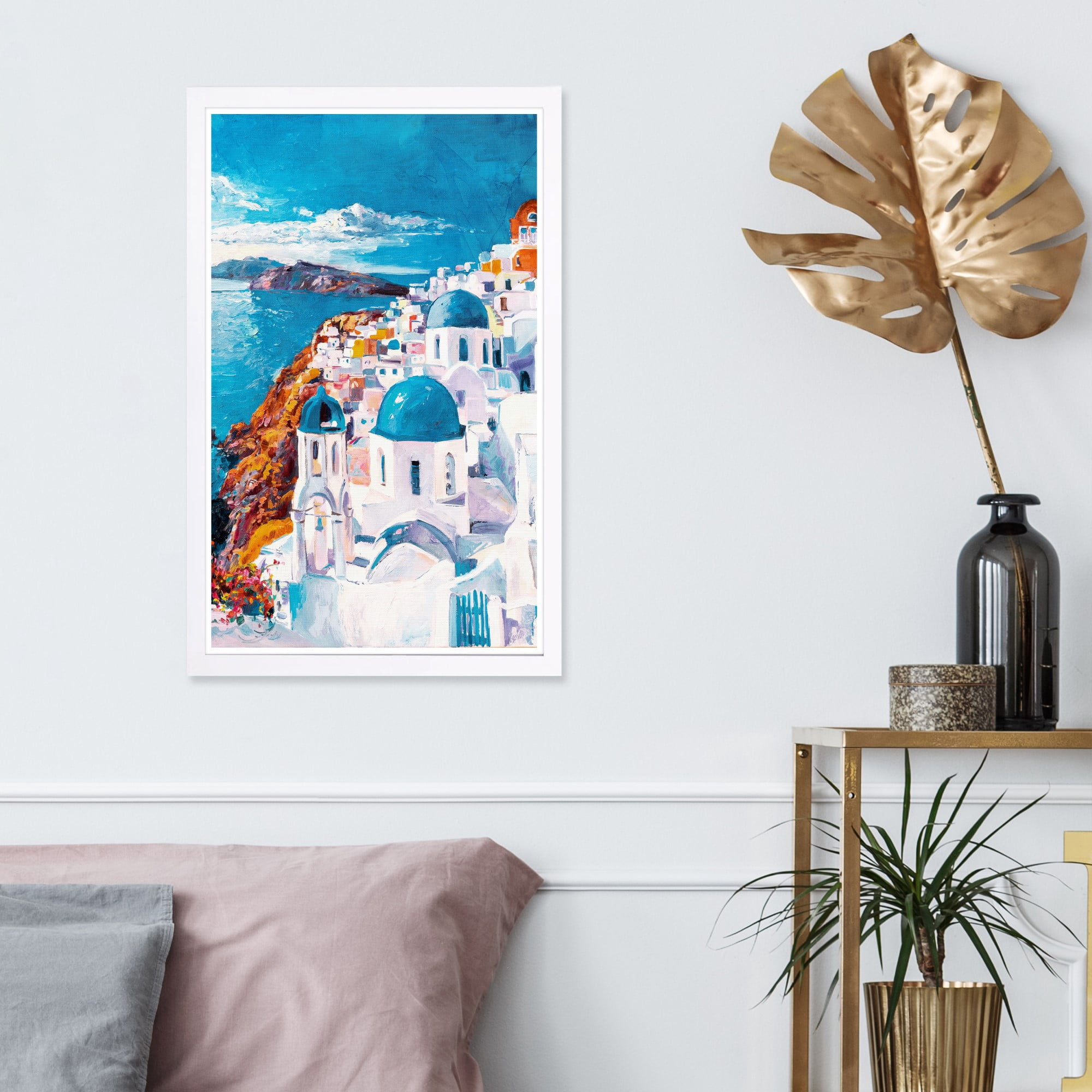Wynwood Studio 'Beautiful Day in Greece' World and Countries Framed Wall Art Print - White, Blue
