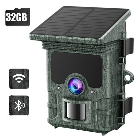 CAMPARK Solar Trail Camera with SD Card 4K 30fps WiFi Bluetooth 46MP Hunting Game Camera 120° Detection Angle Motion Sensor Night Vision IP66 Waterproof for Wildlife Trace
