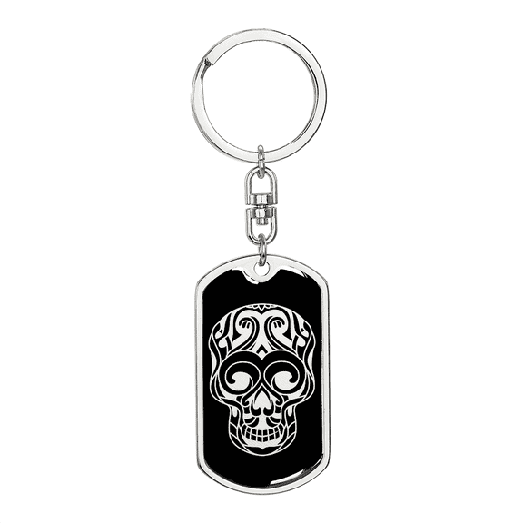 Calavera Mexican Sugar Skull 26 Stainless Steel or 18k Gold Premium Swivel Dog Tag Keychain