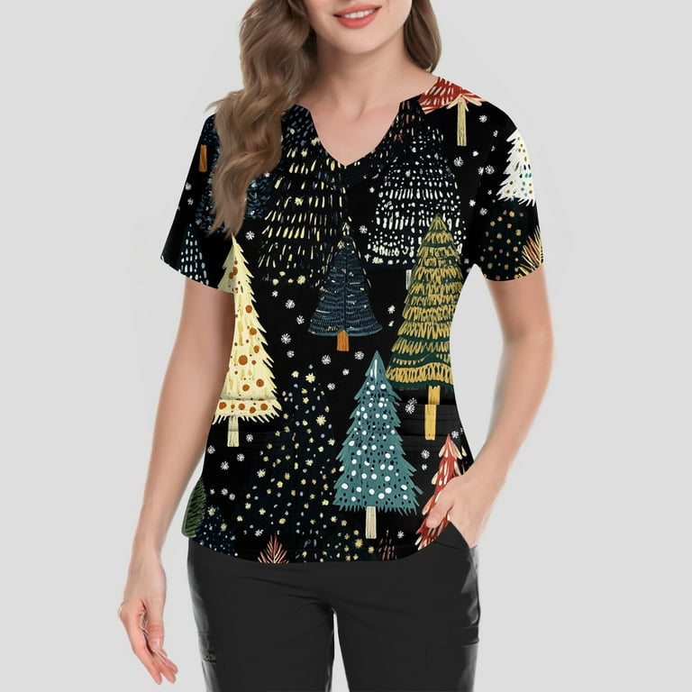 Womens Christmas Scrub Tops Short Sleeve Plus Size Scrubs Nursing