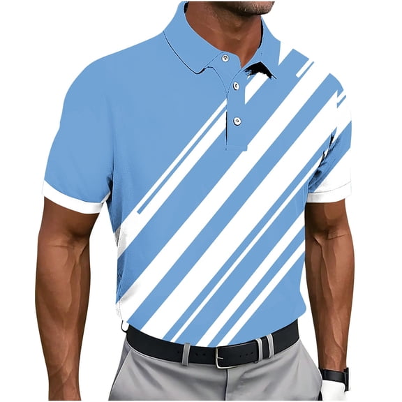Golf Shirts for Men Polo-Collared Tops Short Sleeve Geometric Print Business Casual Blouse Fathers Day Gifts (XL, Light Blue 04)