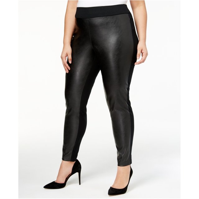 INC Leggings casuales con frente de cuero sintético para mujer, negro, 22W