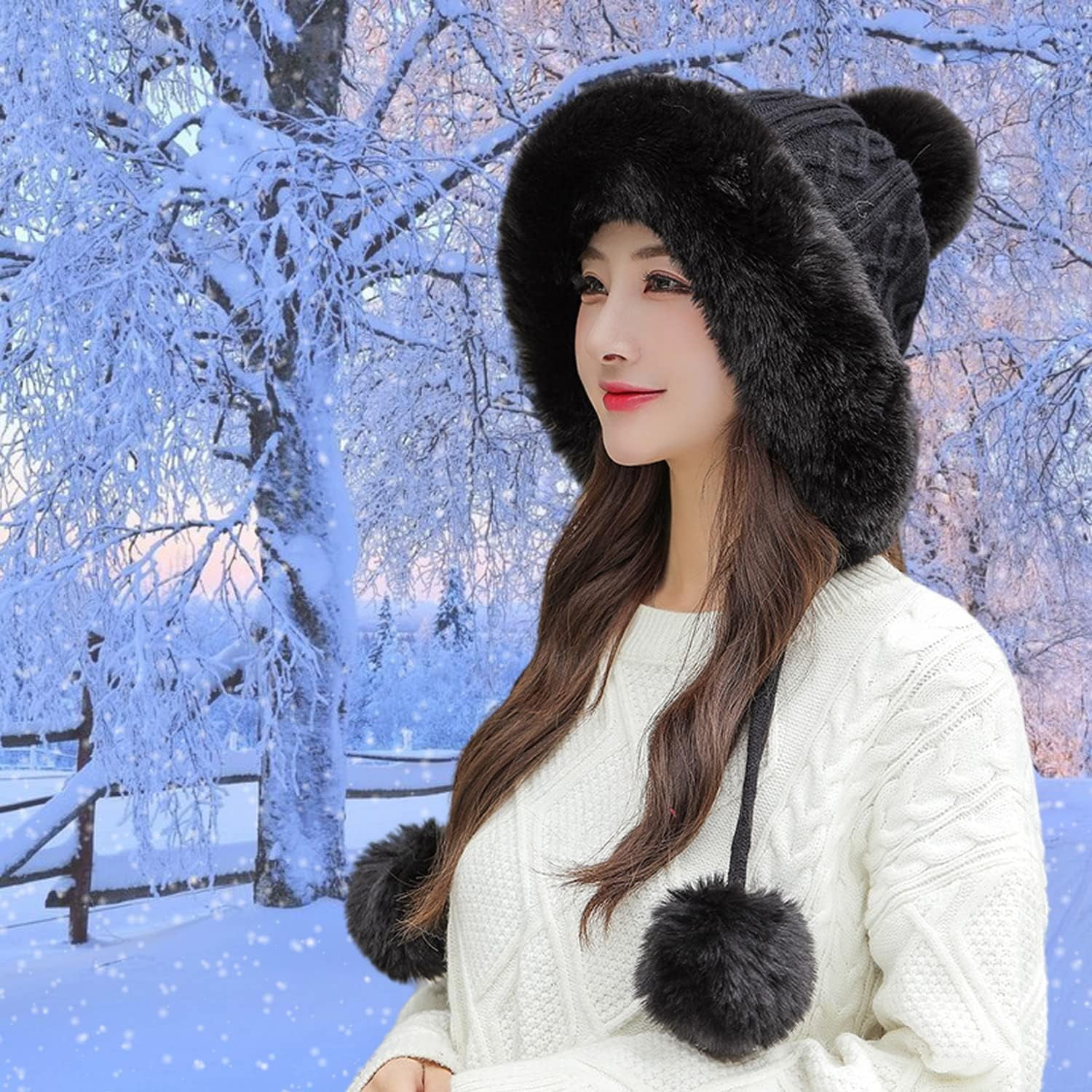 Zhengup Women Winter Peruvian Cover Ears Beanie Hat Ear Flaps Sherpa Ski Snow Hats Knit Fleece Lined 3 Pom Pom
