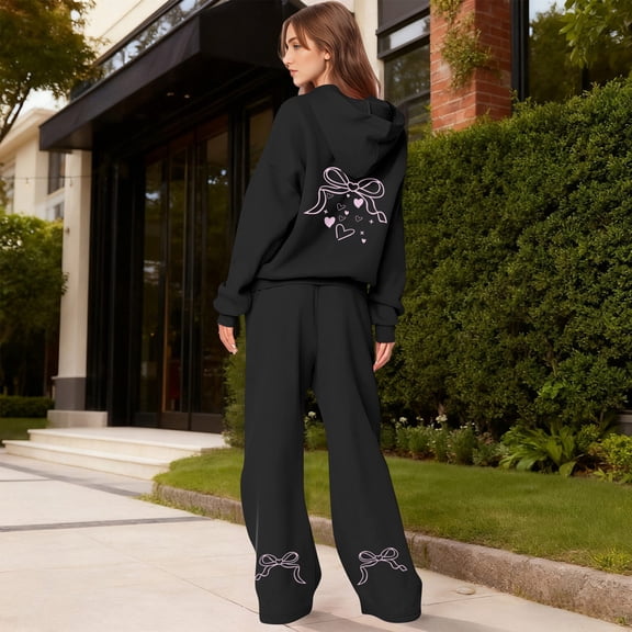 Bow Hoodie and Sweatpants Set for Women Bow Sweat Sets Women's 2 Piece Outfits Bow Trim Print Hoodie Sweatsuit Sets Oversized Sweatshirt Wide Leg Sweatpants With Pockets, Black-L